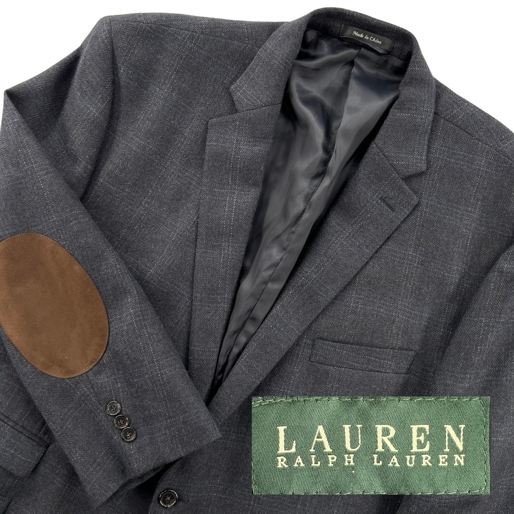 Lauren Ralph Lauren Mens 50R Wool Herringbone Plaid Blazer Elbow Patch Charcoal